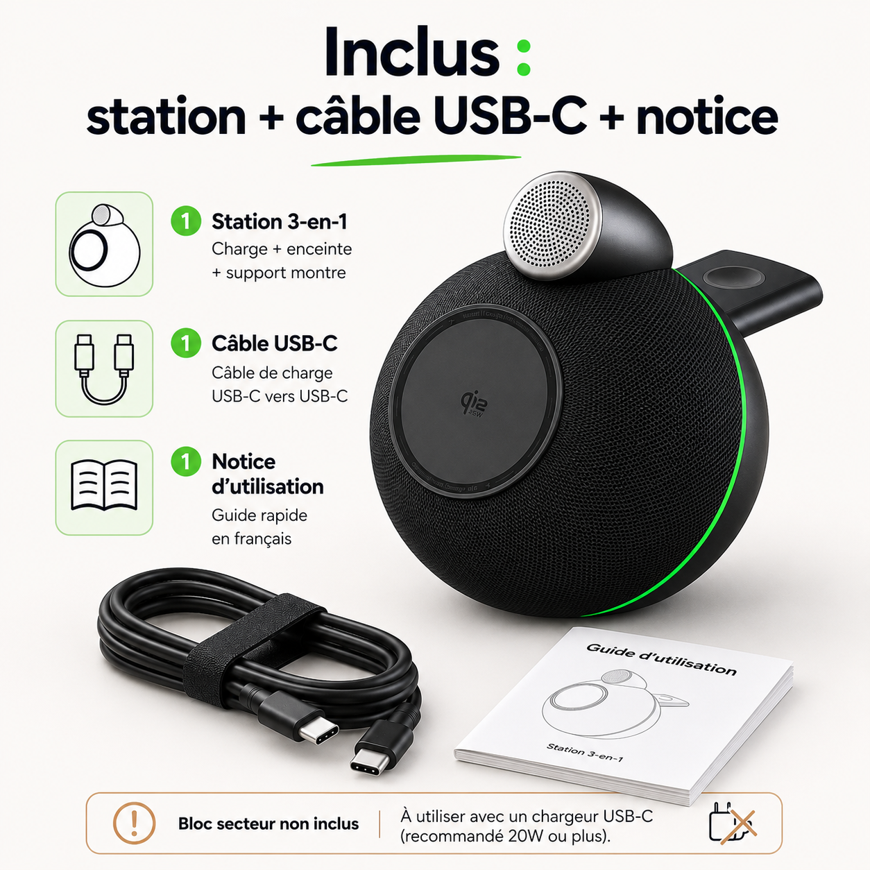 Station de charge 3-en-1 avec enceinte Bluetooth