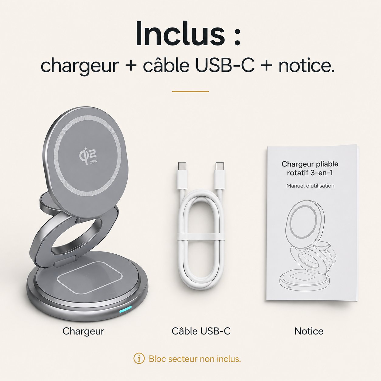 Chargeur pliable rotatif 3-en-1